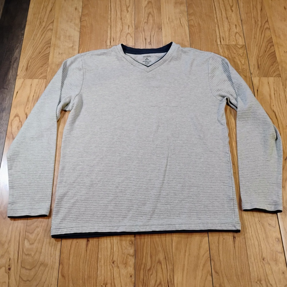 George Men's Long Sleeve Ivory Ribbed V-Neck Pullover Shirt Size Medium